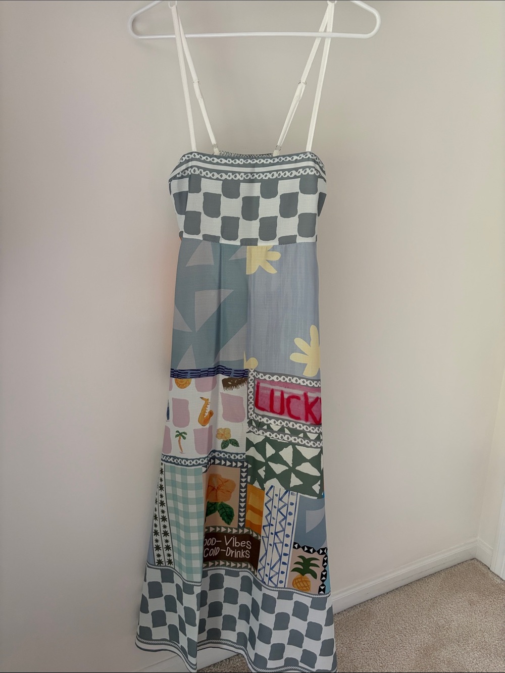 Patchwork Print Maxi Dress with Checkerboard Detail